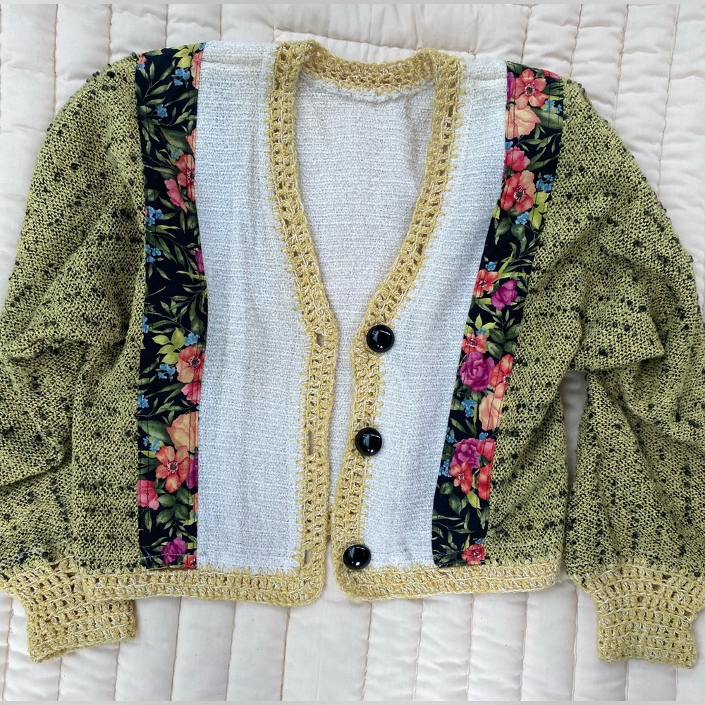 Handmade Floral Panel Knit Cardigan Sweater – One of a Kind – Fits Medium